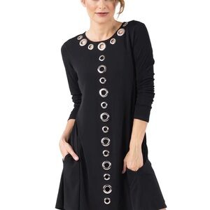 Eva Varro black silver grommet mod a line dress 3/4 sleeve S